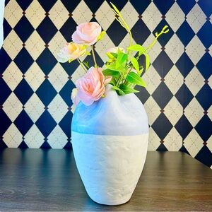 Large Wabi Sabi Studio Pottery Vase Sculptural Ceramic Pinched Rim Blue White